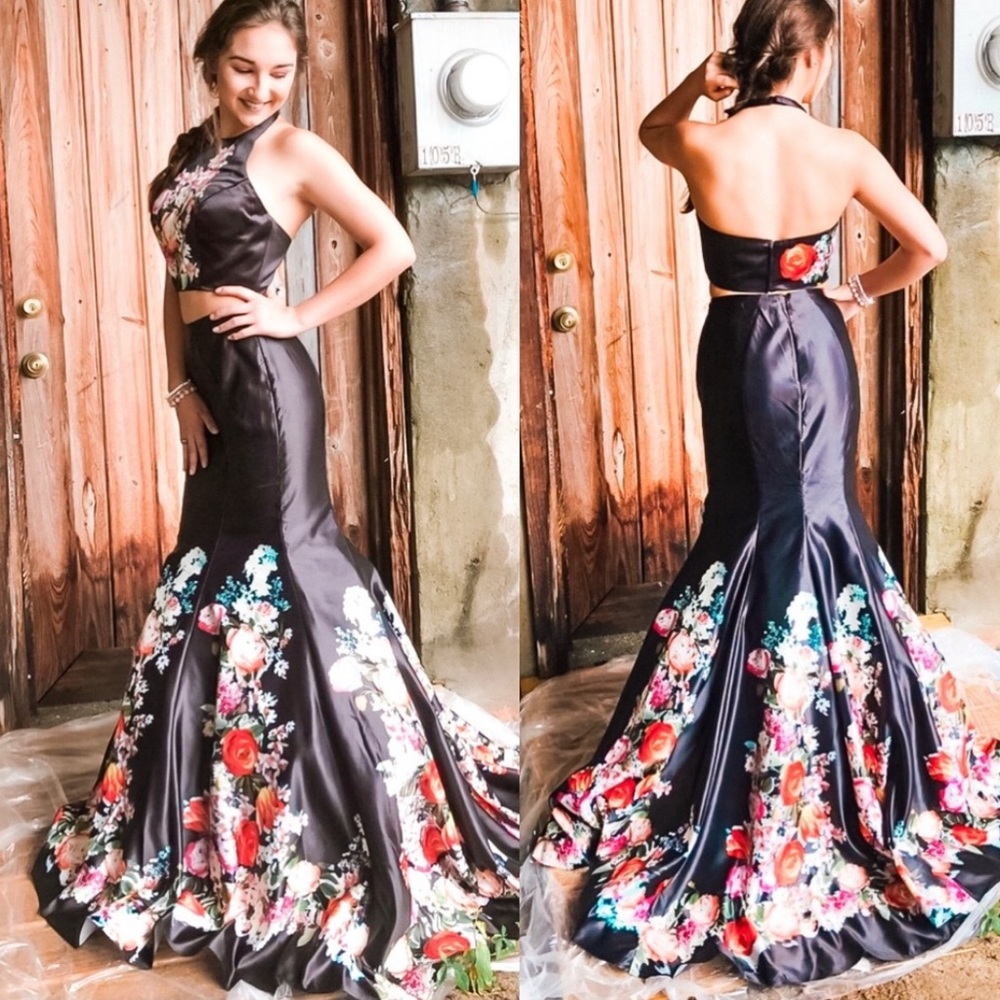 Black floral two piece prom dress